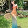 Holiday Vacation Wind Dopamine Beautiful Island Vacation Atmosphere Gradual Change Color Sunset Tie Dye Mesh Suspender Dress