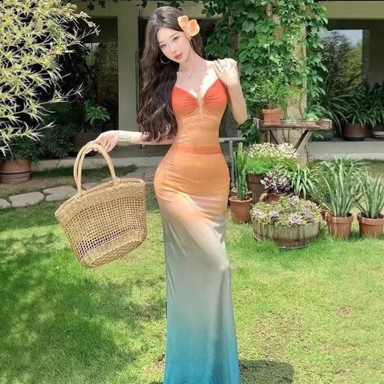 Holiday Vacation Wind Dopamine Beautiful Island Vacation Atmosphere Gradual Change Color Sunset Tie Dye Mesh Suspender Dress