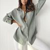 Women's Lapel Collar Long Sleeve Textured Shirt Loose Fit Solid Color Chest Pocket Button Down Casual Fall Daily Wear Blouse Top