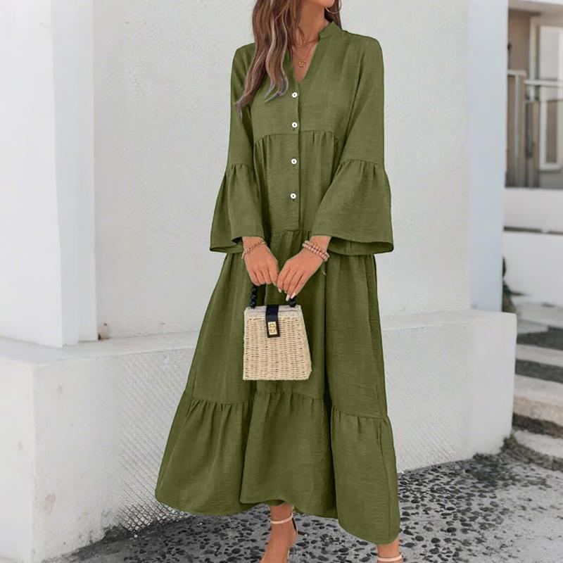 ZANZEA Rochie Casual de Vacanță pentru Femei cu Decolteu în V, Largă, cu Mâneci Lungi Cloș