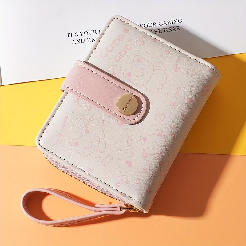 Casual Bi-Fold Kawaii Cat Wallet - Chic Credit Card & Coin Clutch With Secure Buckle Polyester Lining And Convenient Lanyard