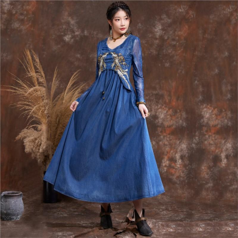 Johnature Autumn Summer Women Embroidery Design Vintage Suspenders Dress Horizontal Collar Casual Dress
