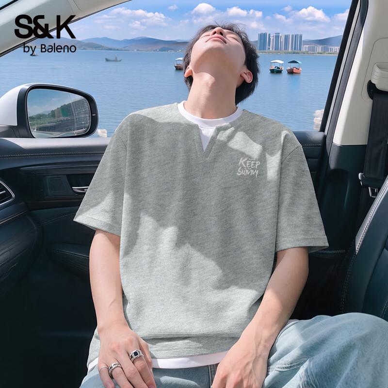 Baleno Men's Summer V-Neck Waffle Knit Fake Two-Piece T-Shirt