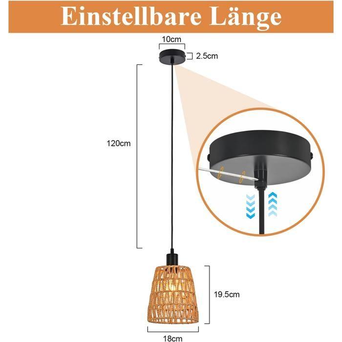 Rattan-Hängeleuchte NETTLIFE, 1-flammig, Natürliches Rattan, Boho-Chic-Design, Schwarzes Metall, Säule, E27-Leuchte für Esszimmer, Wohnzimmer