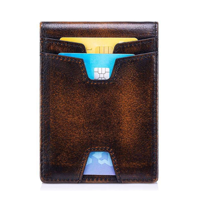 First Layer Cowhide RFID Anti-theft Brush Two Fold Wallet Men's Short Version Genuine Leather Retro Beauty Money Clip