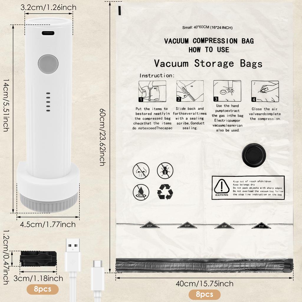 8Pcs Vacuum Storage Bags with USB Electric Pump Rapid Compression Double Zipper Lock Triple Seal Compression Bag for Luggage