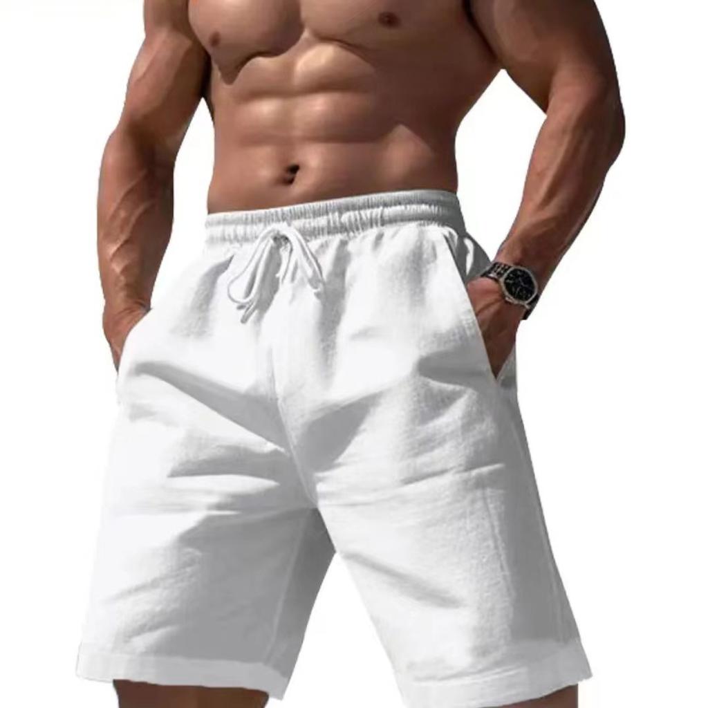 Linen shorts drawstring elastic waist straight legs solid color breathable daily beach five-point casual pants