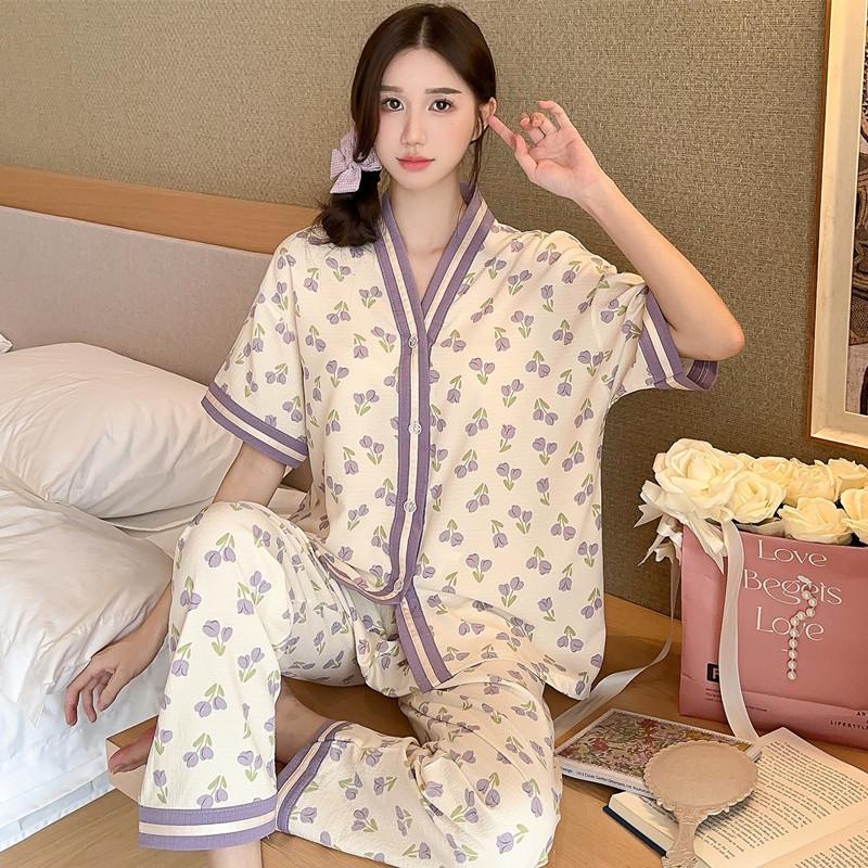 1011 new summer sweet purple flower short-sleeved pajamas set women's dormitory cardigan trousers casual loungewear