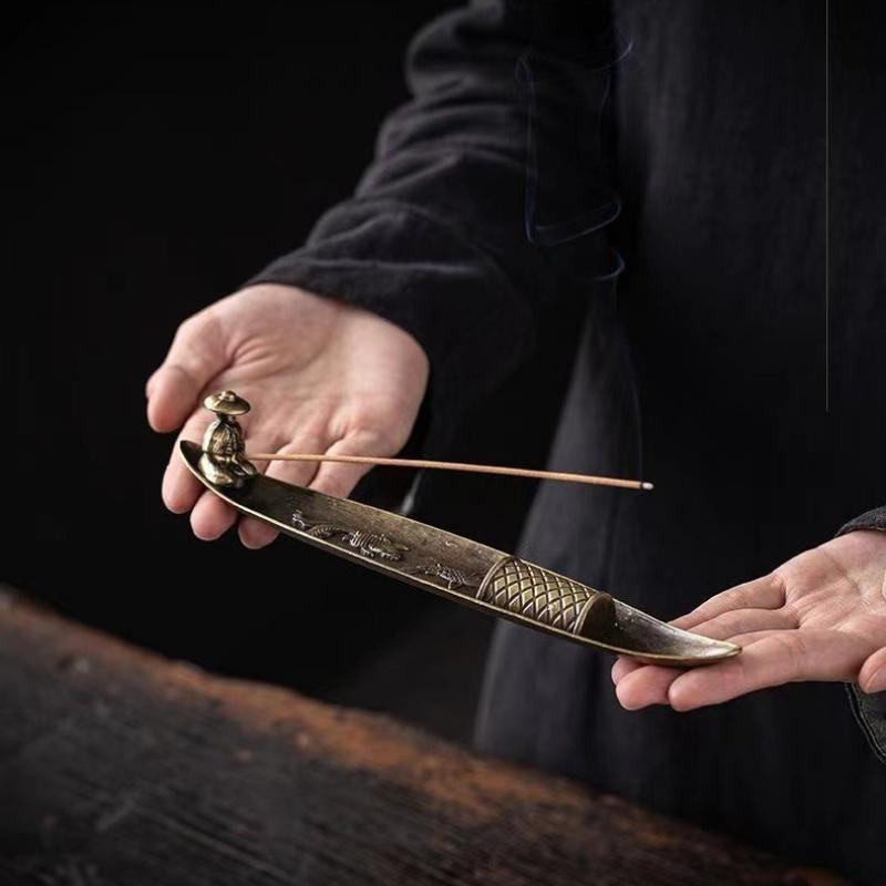 Zen Old Man Fishing Boat Incense Holder - Japanese Style Metal Incense Burner & Ash Catcher, Meditation Decor, Unique Ornaments