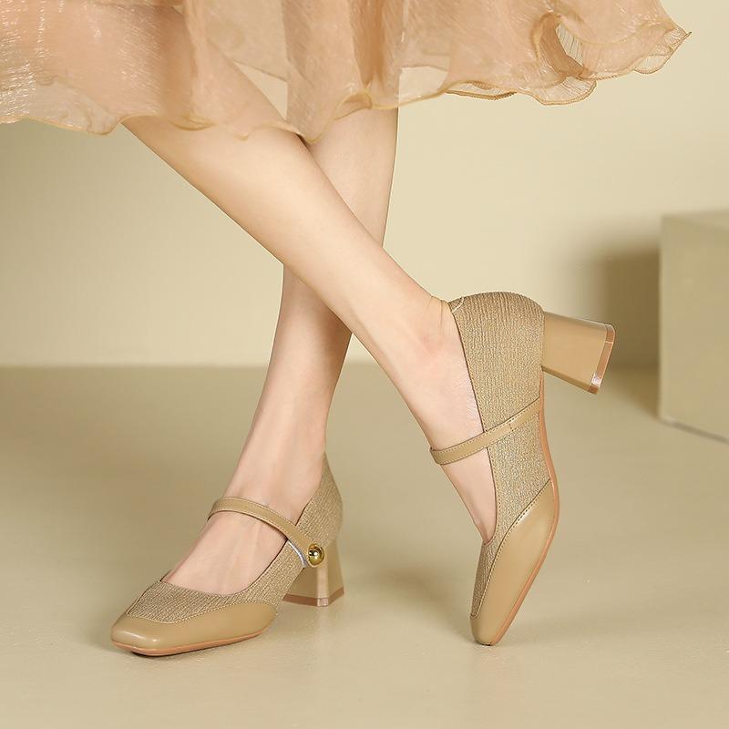 9-2 one-word square head thick heel single shoes women's autumn new shallow mouth middle heel professional commuter work women's shoes