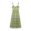 Printed Hollow Out Sling Women Dress Elegant Green Sleeveless Backless High Waist Dresses Female Summer Lady Beach Robe