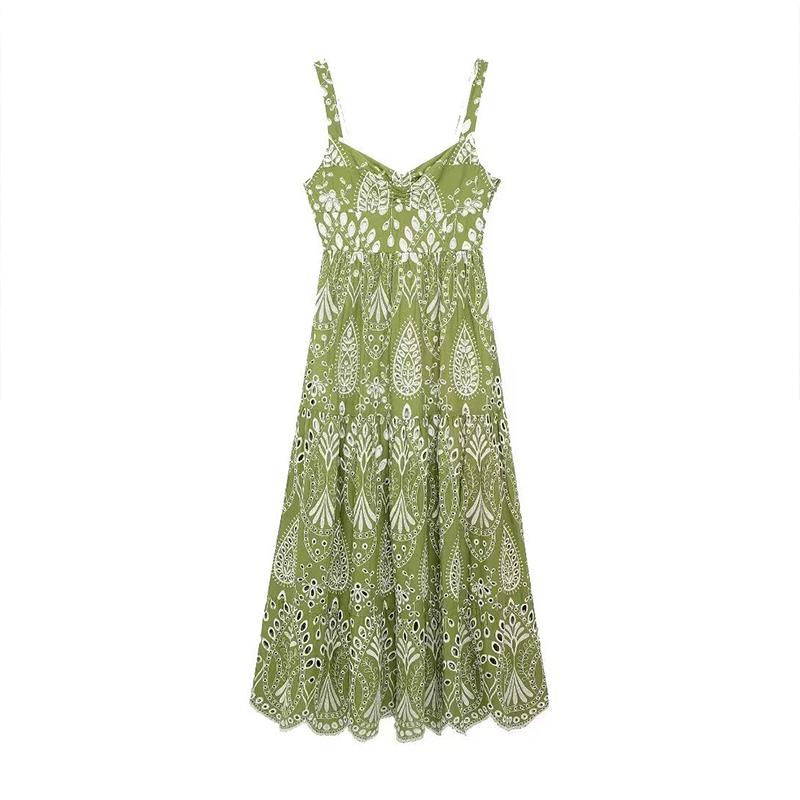 Printed Hollow Out Sling Women Dress Elegant Green Sleeveless Backless High Waist Dresses Female Summer Lady Beach Robe