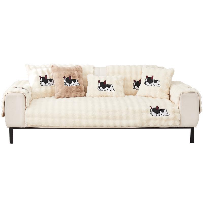 Large Rabbit Fur Plush Sofa Cushion - Winter 2025 Fleece Lined, Thickened, Non-Slip Leather Cover