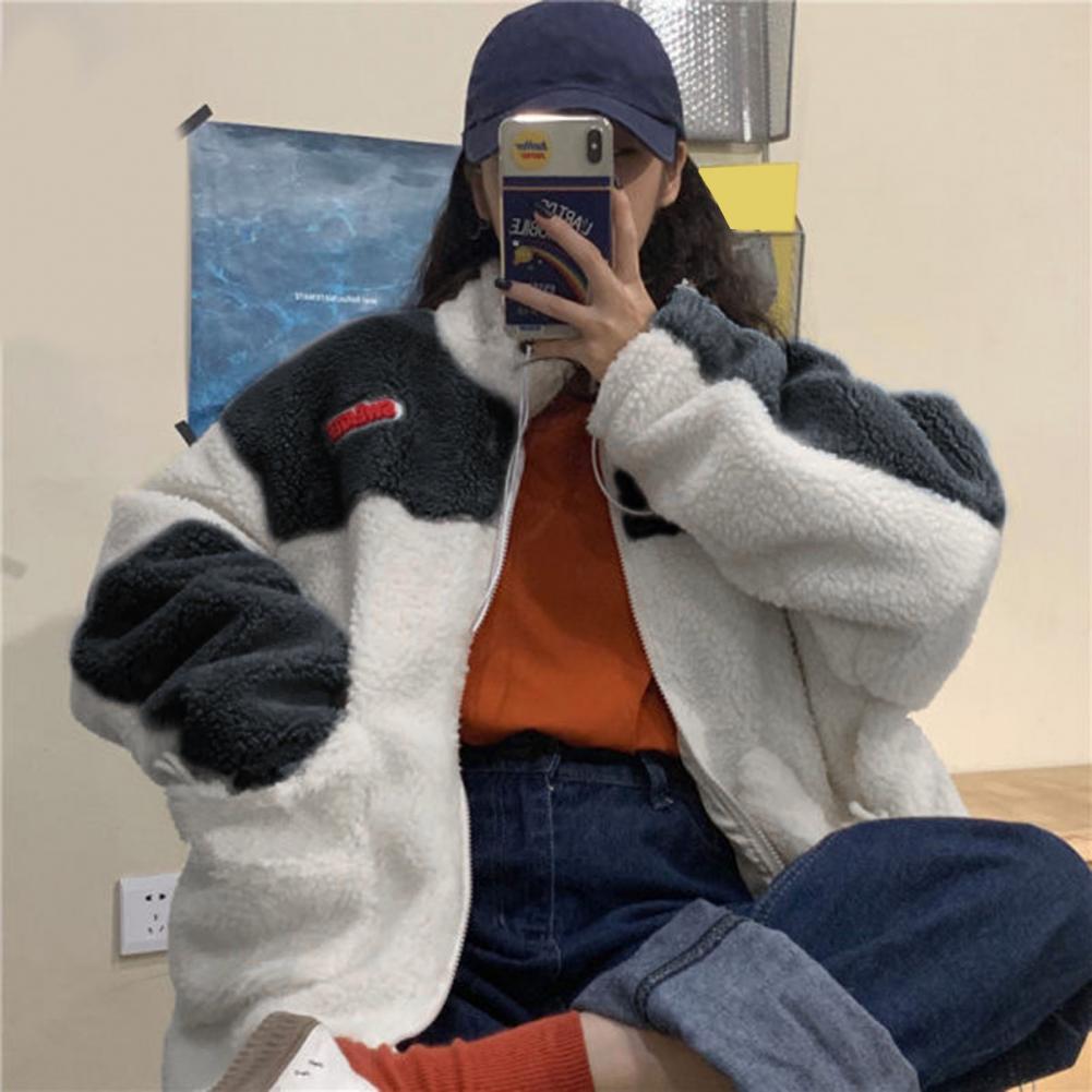 Women Winter Coat Colorbblock Thick Soft Plush Cold Resistant Patchwork Big Pockets Long Sleeve Drawstring Lady Outdoor Coat