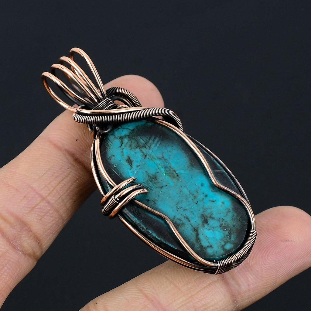 Tibetan Turquoise Pendant, 999 Copper Wire Wrapped Gemstone Jewelry, Handmade Pendant, For Thanksgiving