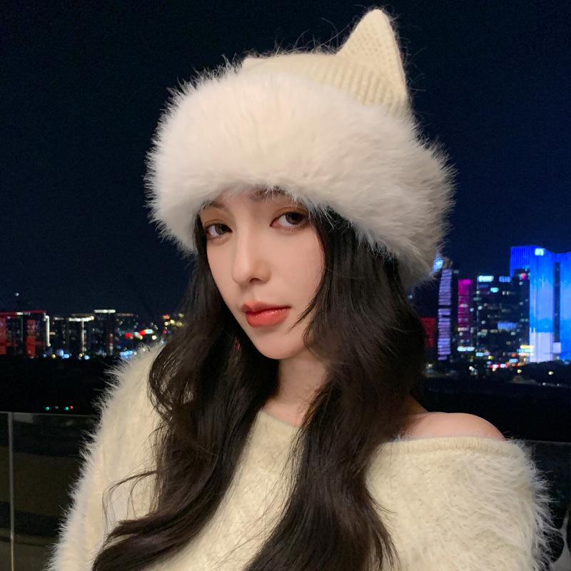 Women S Korean Style Cute Cat Ear Knit Beanie Winter Warm Fleece Lined Large Head Size Hat