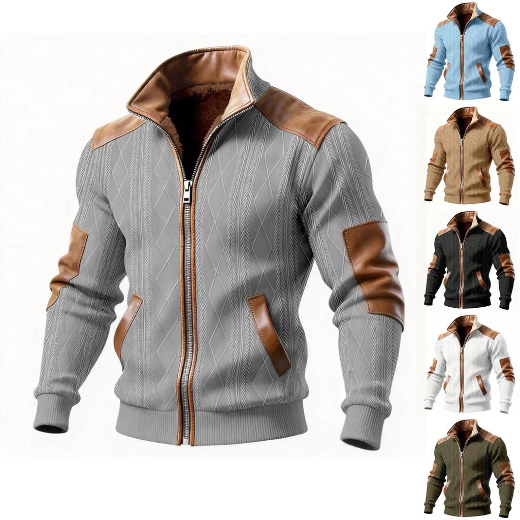 Herren Strickjacke mit durchgehendem Reißverschluss, lässiger Strick, Stehkragen, Slim Fit, Colorblock, Herbst Winter