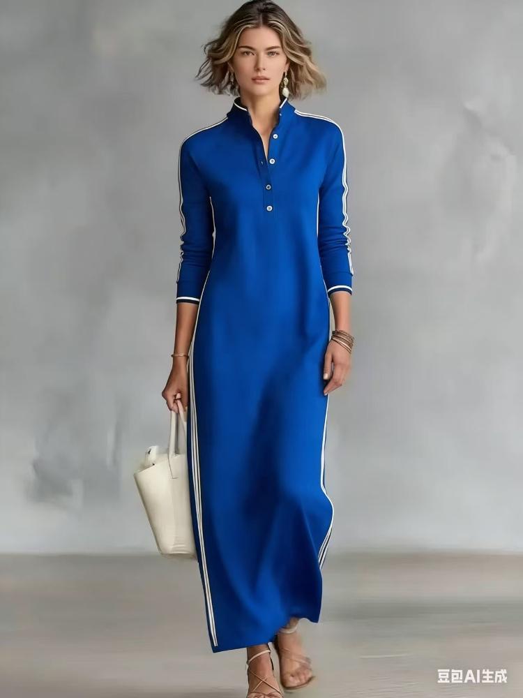 Black Long Sleeve Collar Dress with White Buttons and Stripes