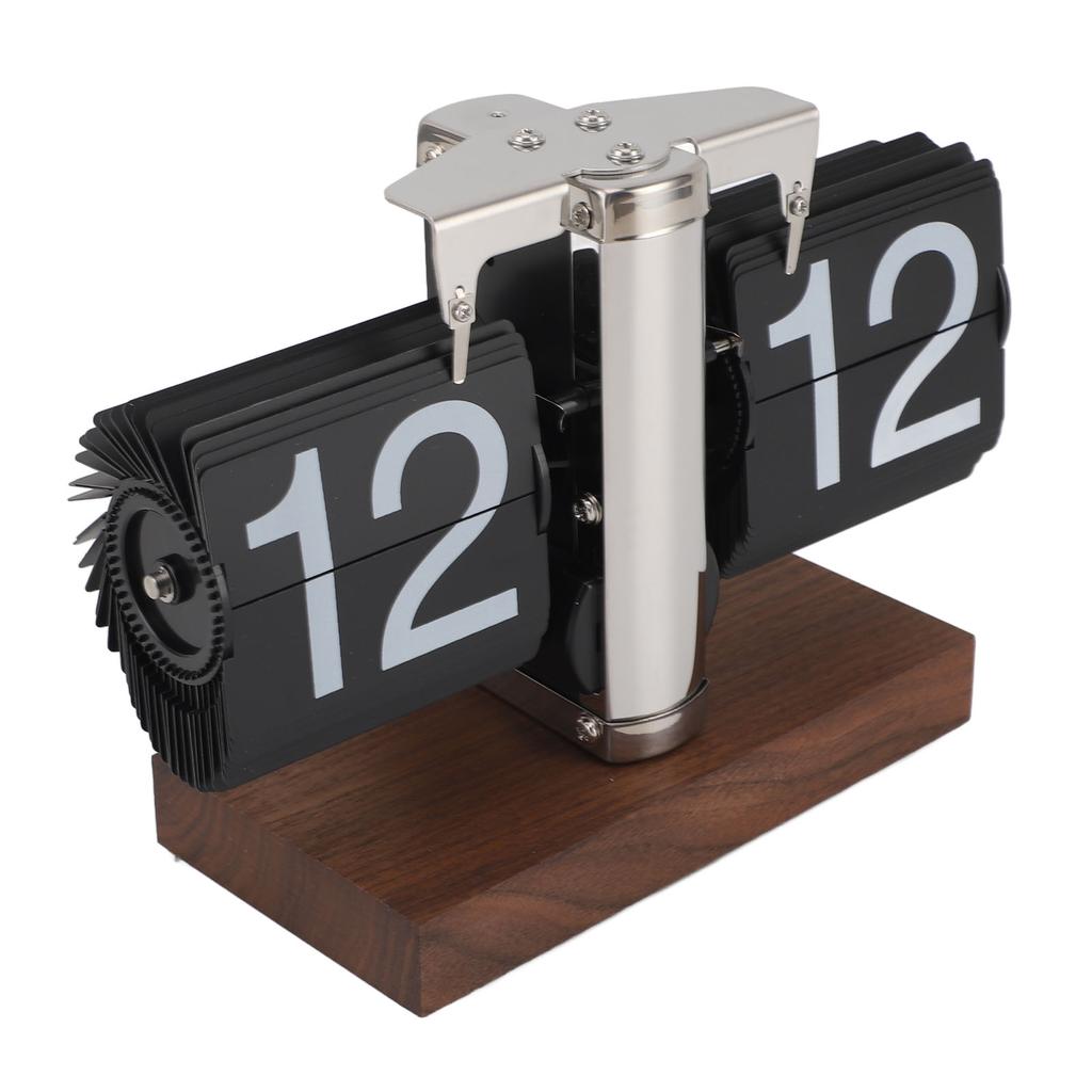 Flip Desk Clock Auto Mechanical Flip 24H Wood Base Stainless Steel Vintage Retro Digital Table Clock for Home Office