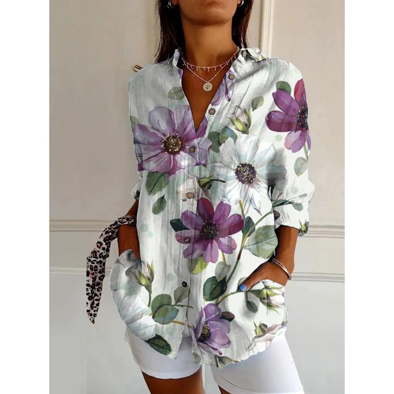 New Women's Long Shirt Summer Trend Long Sleeve Shirt Floral Pattern Printed 3D Shirt