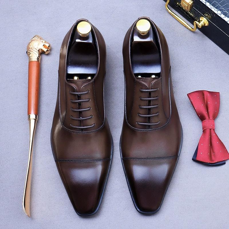 Fashion Elegant Genuine Leather Oxford Shoes Top Layer Cowhide Triple Joint Stylish Lace Up Men Dress Wedding Shoes