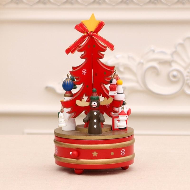 Natural Wood Christmas Tree Rotating Musical Decoration with Figurines Ornaments Holiday Party Centerpieces Music Box
