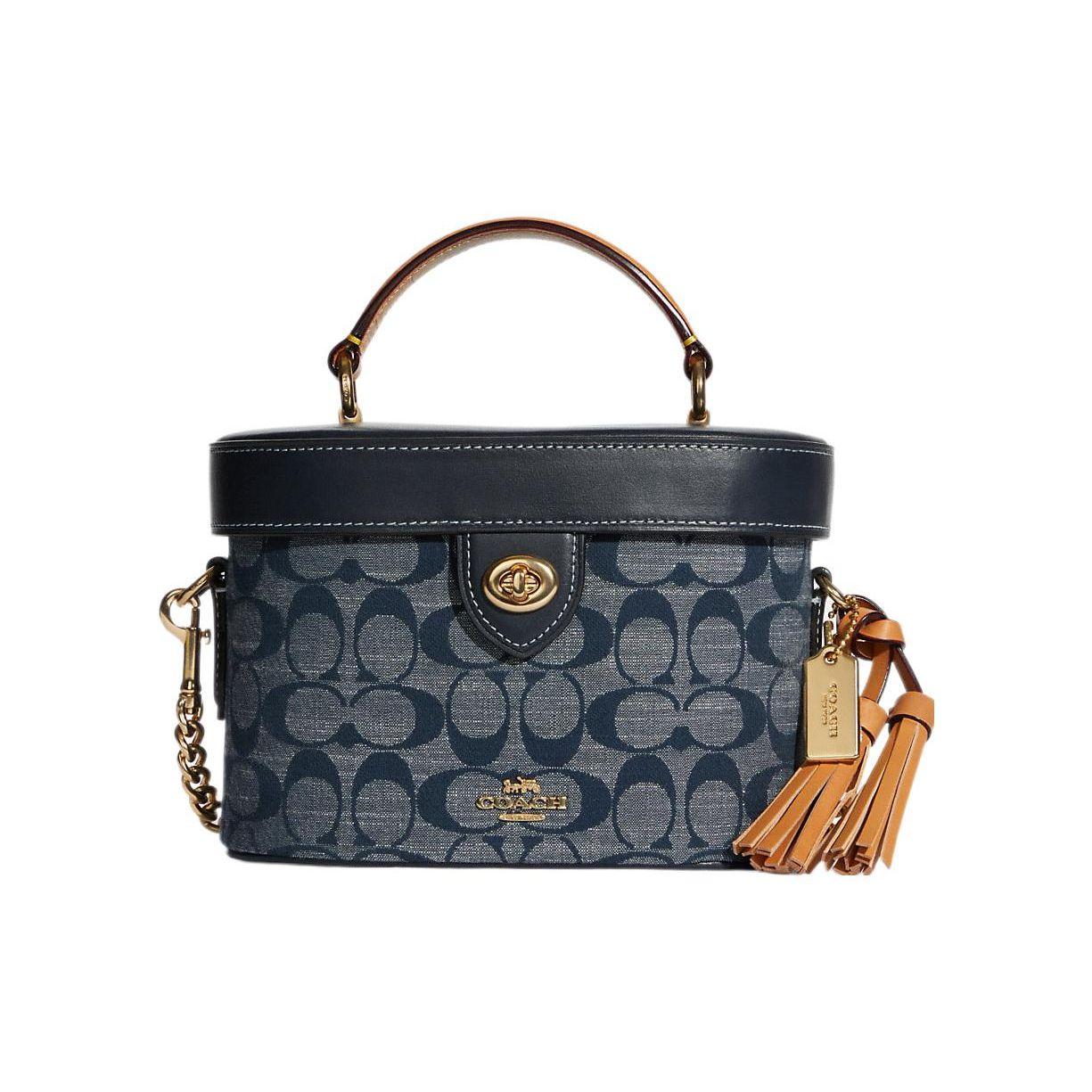 

Coach Kay 20 Classic Monogram Chambray Full Print Knob Flap Tassel Box Shape Shoulder Crossbody Bag Women Handbags Denim-Blue C8165-IMDEI Basic Set (Bag+Dust Bag)