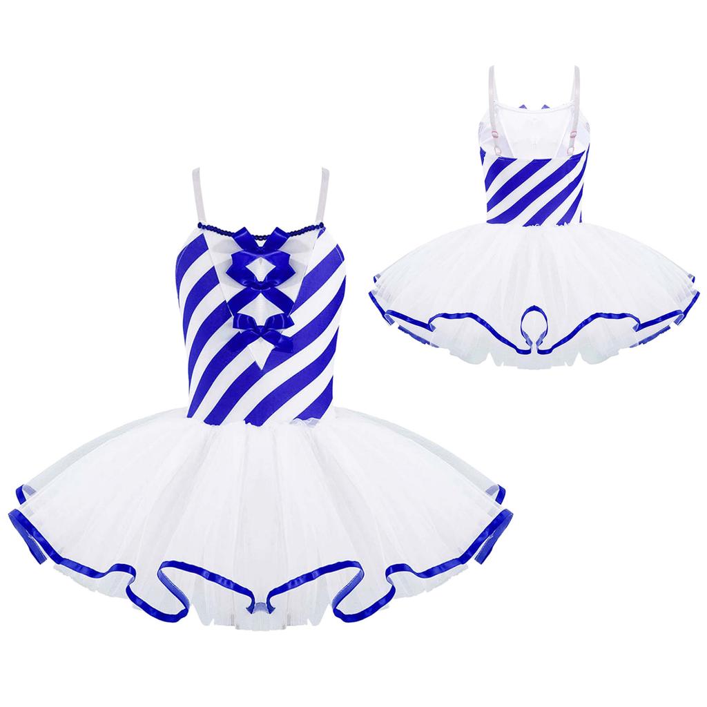 Kinder Gestreift Bedrucktes Tanzkleid Mädchen Mesh Tutu Eiskunstlaufkleid Aufführung Tanzkostüm