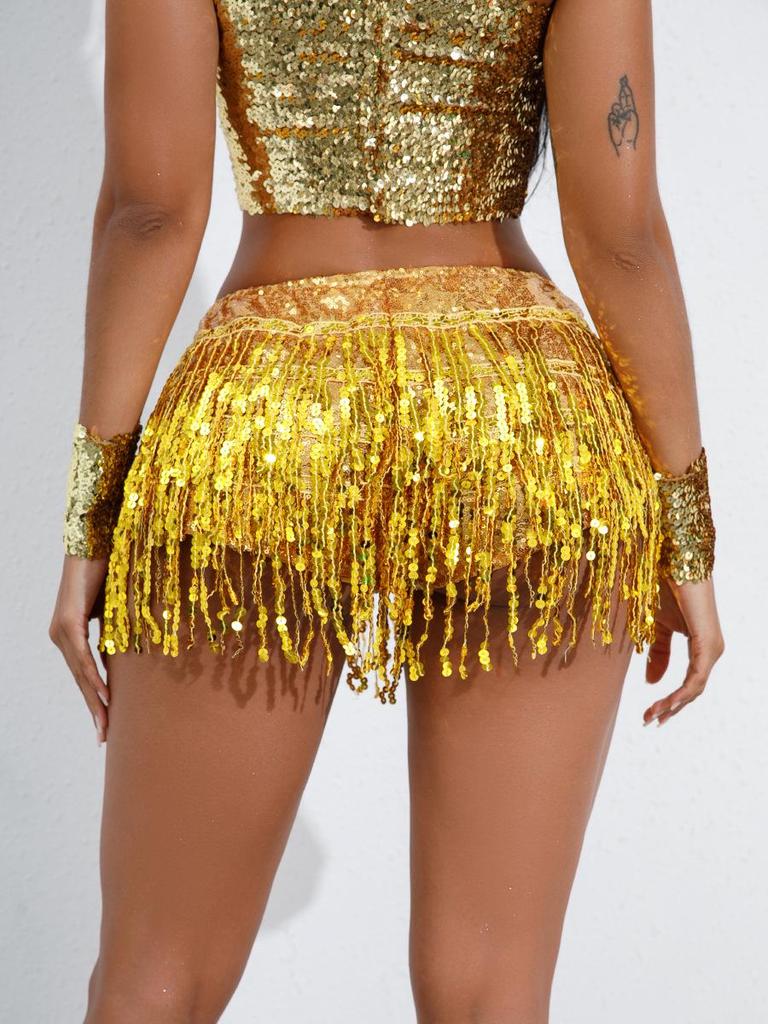 Sequined Tassel Latin Dance Skirt for Women – Stage and Bar Performance Costume Shorts
