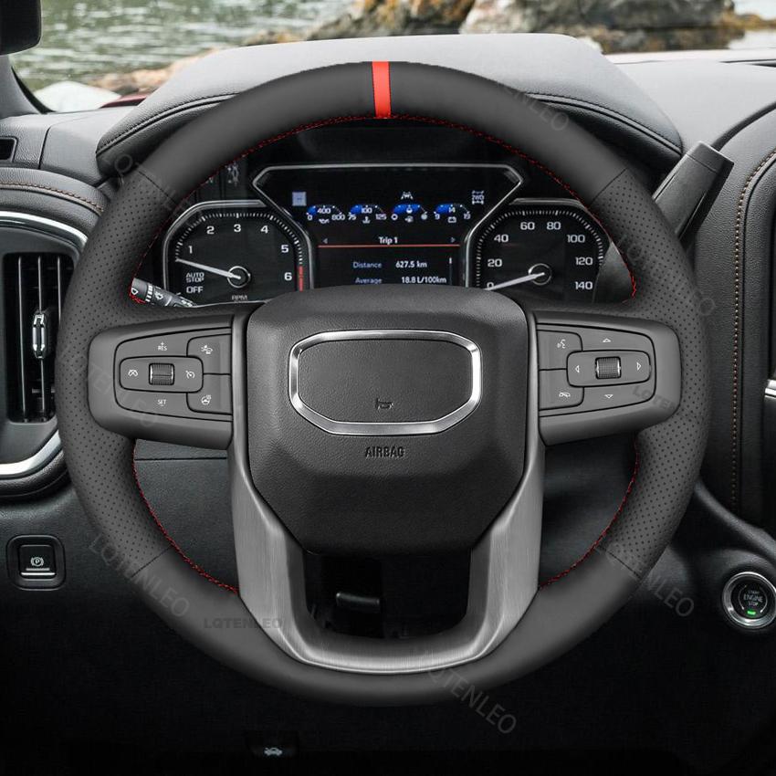 Черный чехол из искусственной кожи с красным маркером на руль автомобиля для GMC Sierra — фото 4