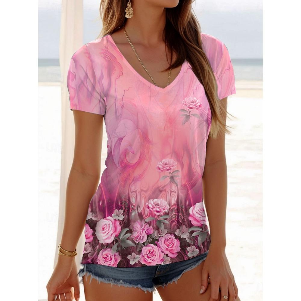 Women's Trendy T-Shirt Flowers Graphics Fashion Short Sleeved V-Neck Regular Tops Daily Print Tee Summer Y2K Casual Tops