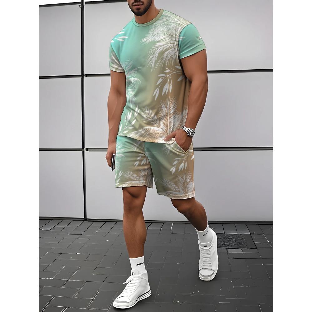 Men's Outdoor Leisure Sports 3D Printed Round Neck Short Sleeved T-shirt and Shorts Set Trendy and Fashionable Men's T-shirt