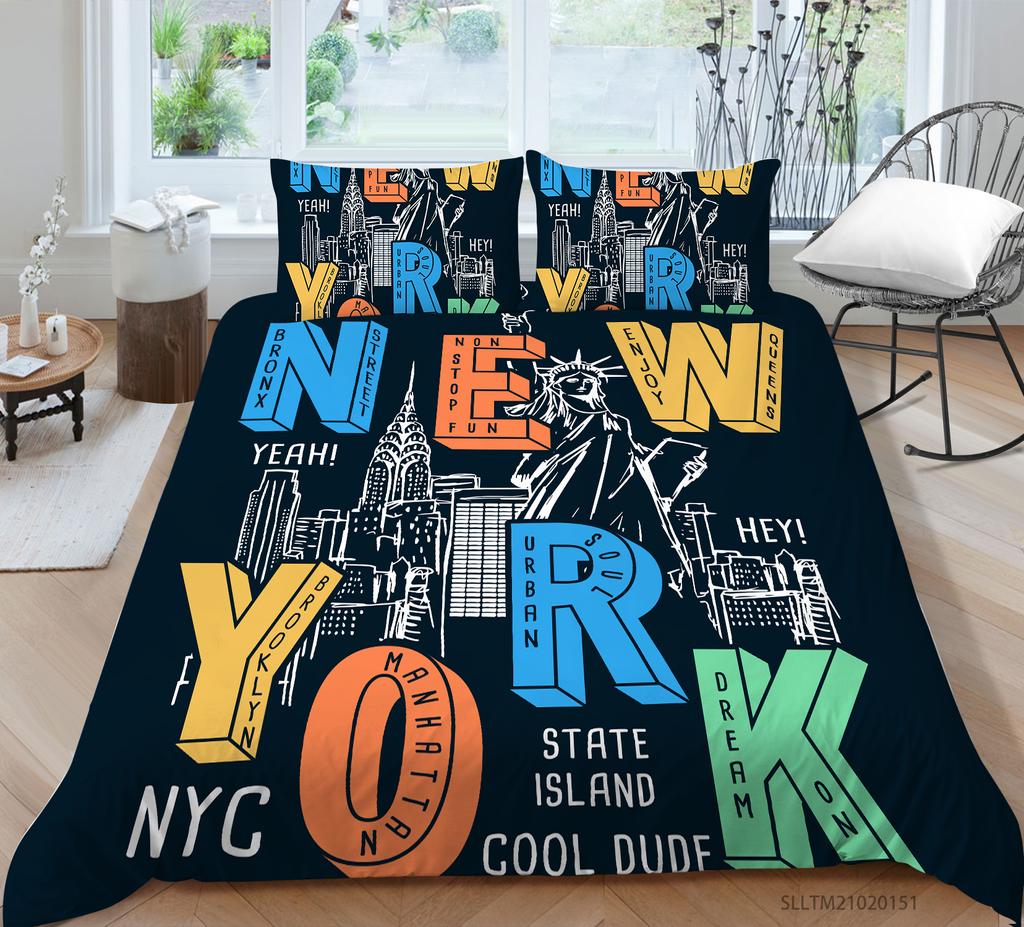 3D-Bettwäscheset im minimalistischen Stil mit Bettdecke und Kissenbezug aus der Buchstabendruckserie, 2/3-teilig, AU180 * 210, volle Größe, schnell trocknende Heimdekoration