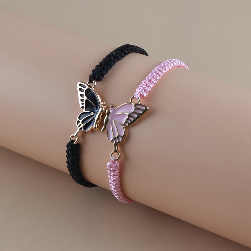 2pcs Wax Rope Handwoven Bracelet Butterfly Fashion Couple Bracelet Gift Alloy Bracelet for Girlfriends