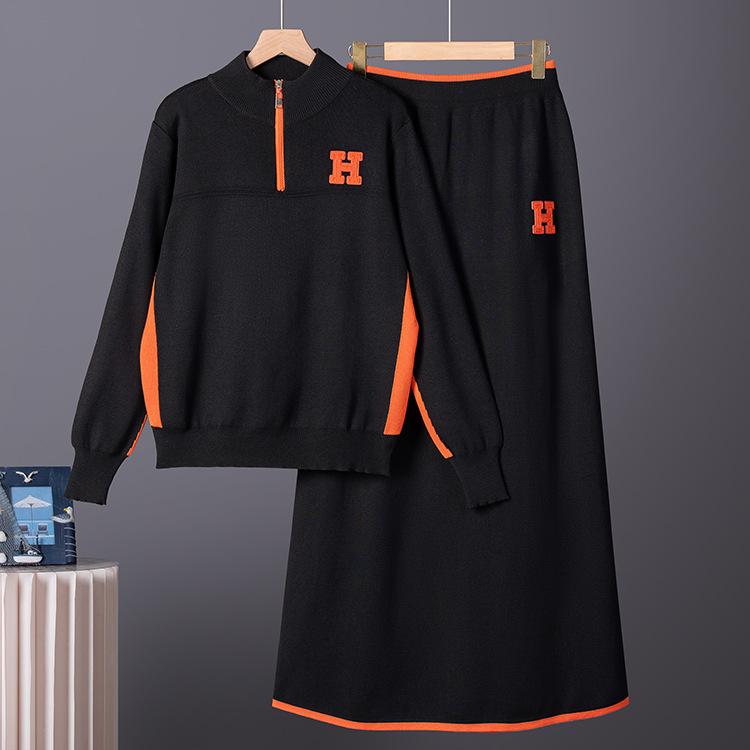Autumn/Winter Casual Wool Knit Two-piece Set: Loose Top & A-line Skirt for Women One size чёрный
