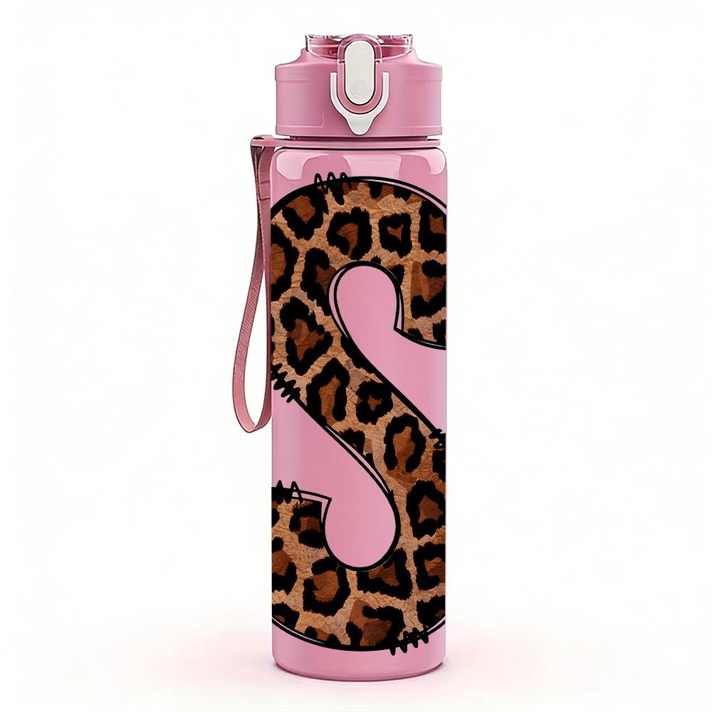 1PC Leopard Print Letter S Monogram 750ml Color Plastic Sports Water Bottle Leakproof Flip Straw Lid Suitable for Sports Office Home Use