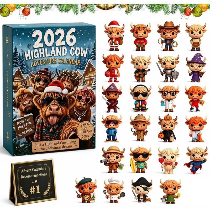 2026 Hochlandrind Adventskalender 24 Tage 3D Weihnachten Countdown Kalender Wiederverwendbar Niedlich Festival Ornamente Set Weihnachtsgeschenk