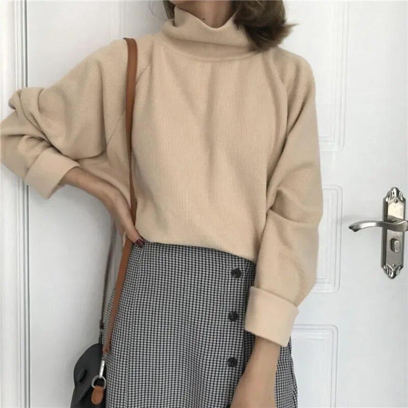 Rollkragenpullover für Damen, warm, dünn, lockerer Strick, weißer Pullover, gestrickt, Basic-Oberteil, zieht kintwear Frühling und Herbst