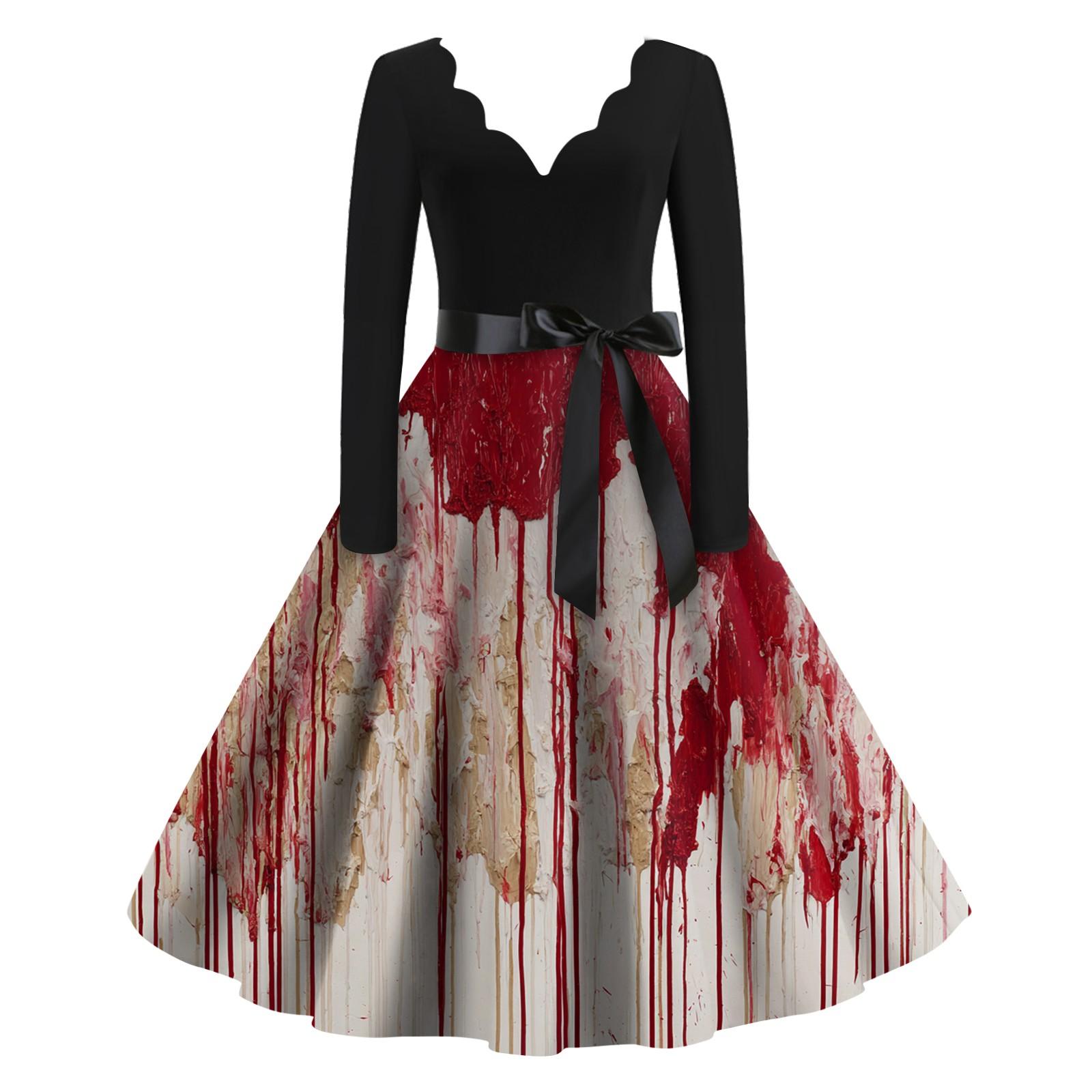 

Женское повседневное модное винтажное платье с принтом в виде V-образного выреза на Хэллоуин L винный