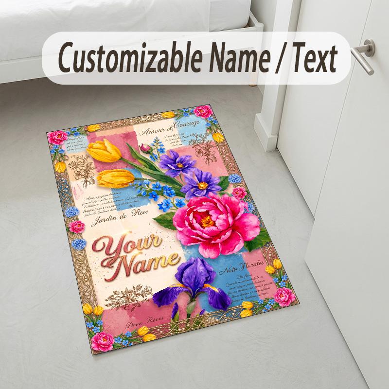 Floral Garden Theme Crystal Velvet Rug Personalized Custom Name Text Soft Floor Mat Home Decor