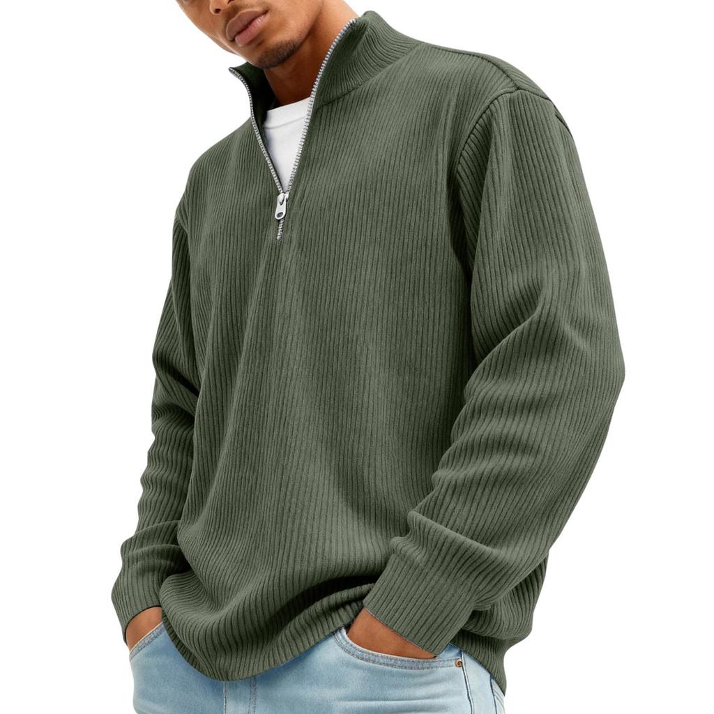 Men’s Ribbed Knit Pullover Sweater Quarter Zip Stand Collar Long Sleeve Casual Loose Fit Top