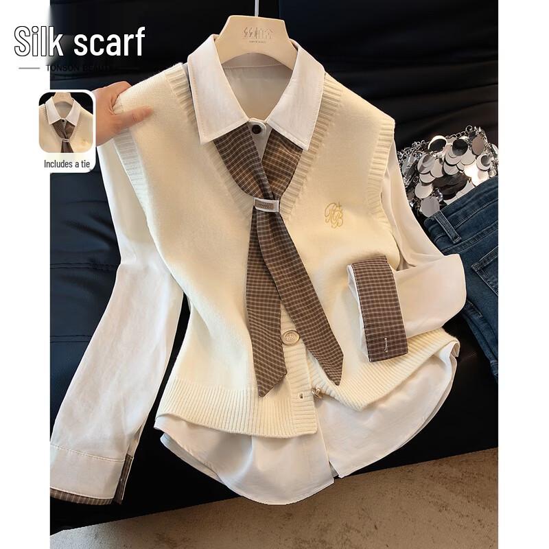 Women s Lapel Long Sleeve Shirt & Vest Two-Piece Set One Size