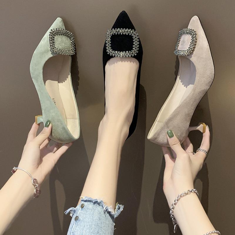 High Heels Women's Spring New Versatile Banquet Black Shoes Light Mouth Medium Heel Single Shoes Women's Thin Heel Pointed Women's Shoes Senior