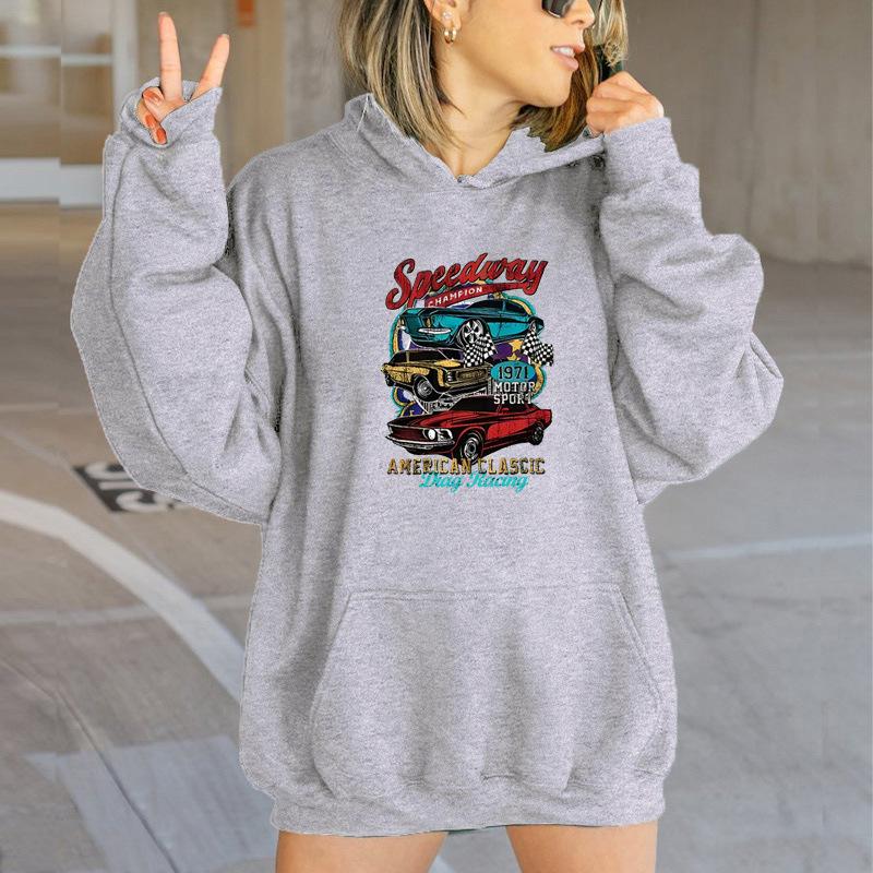 Autumn And Winter Sweater Alphabet Car Fashion Printed Hooded Shoulder Sleeve Fleece Sweater Top XS серый 2909₽