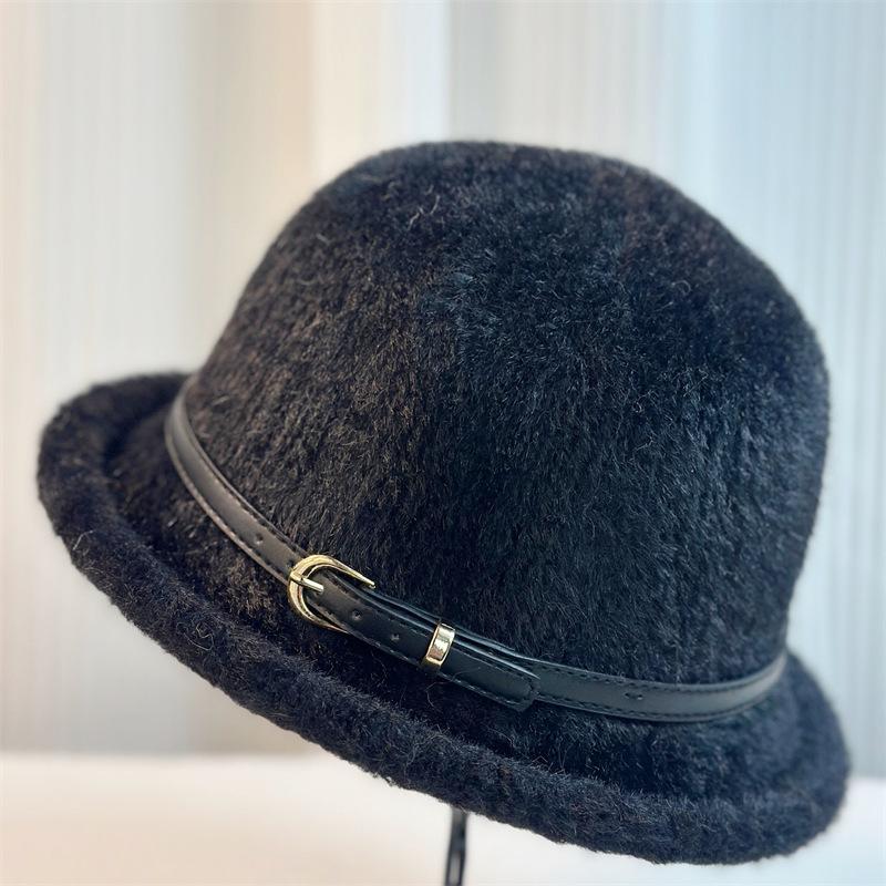 New Belt Buckle Wool Hat Women's Autumn and Winter Simple Top Hat Bucket Hat Dome Basin Hat