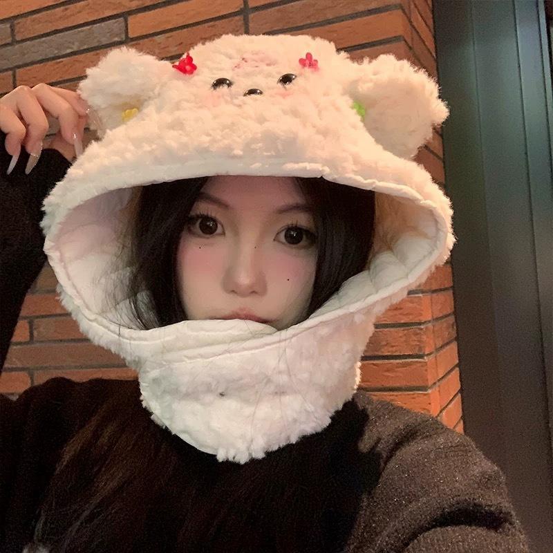 Cute bear hat scarf integrated women's autumn and winter thickened warm plush ear protection hat double-sided pullover Lei Feng hat
