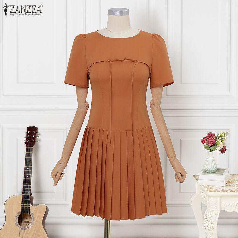 ZANZEA Women Casual Round Neck Solid Color Short Sleeve Dress