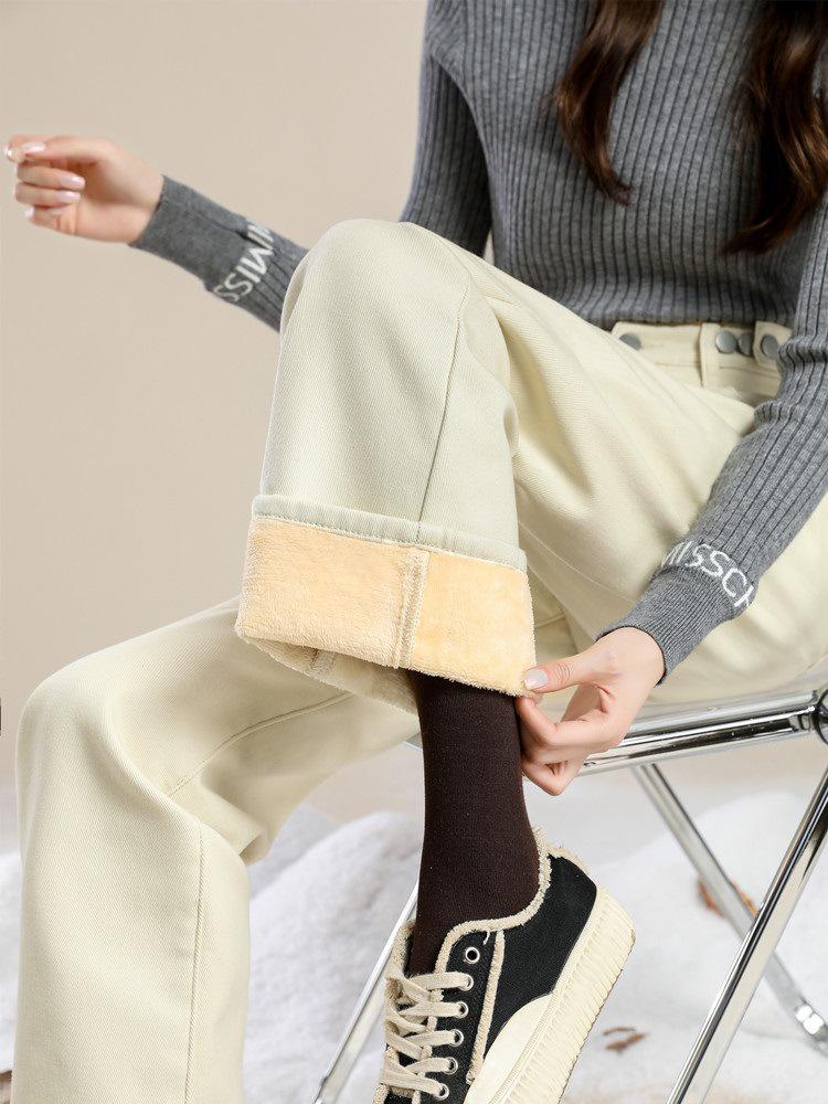 High-Waisted Black-Grey Fleece-Lined Wide-Leg Denim Pants for Women, Autumn/Winter 2025, Perfect for Junior High and High School Students