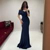 European Beautiful Woman Spring and Autumn New One-word Collar Waist Dress Slim Short Sleeve Fishtail Hip Wrap Dress
