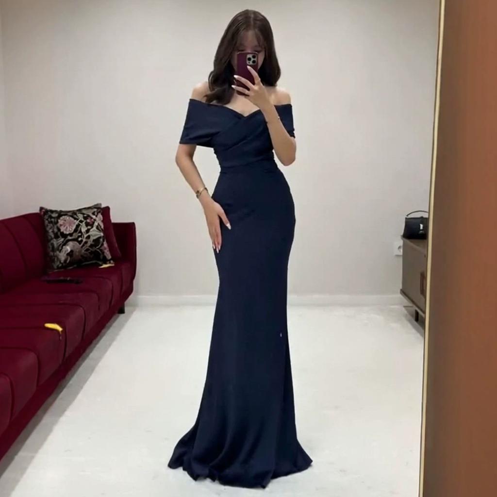 European Beautiful Woman Spring and Autumn New One-word Collar Waist Dress Slim Short Sleeve Fishtail Hip Wrap Dress
